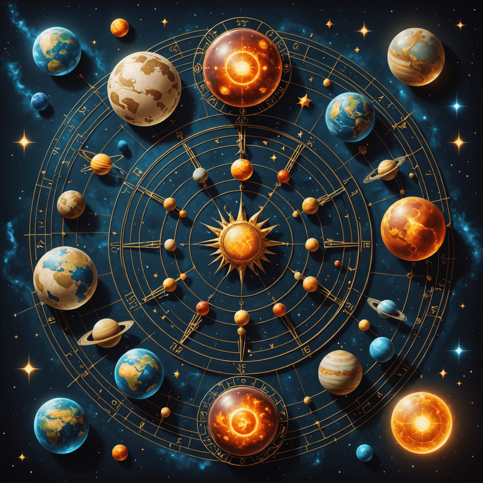 O imagine abstractă reprezentând diverse semne zodiacale și planete interconectate, simbolizând complexitatea compatibilității astrologice