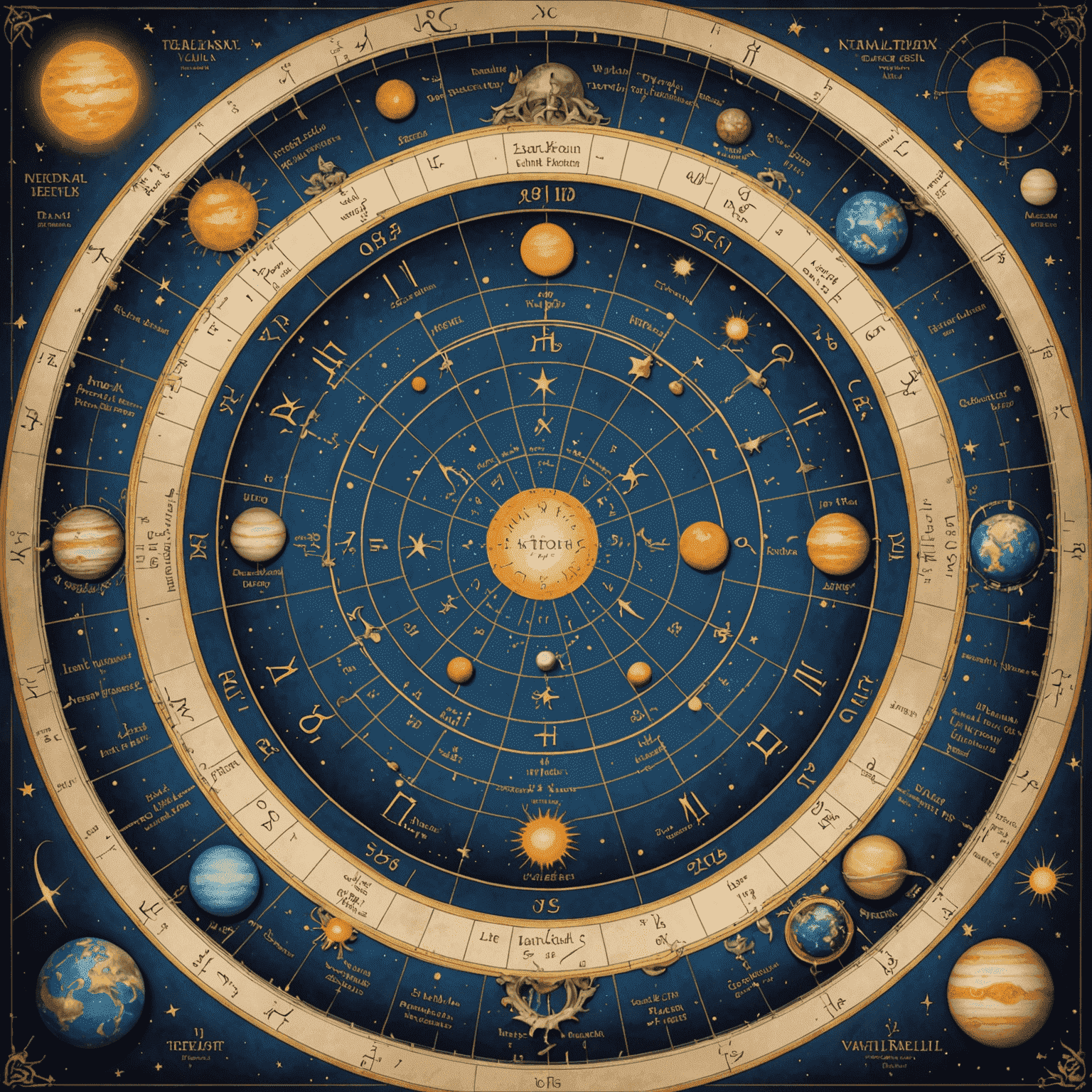 Imagine cu o hartă natală detaliată, arătând cercul zodiacal, planetele și aspectele, cu explicații vizuale pentru fiecare element.